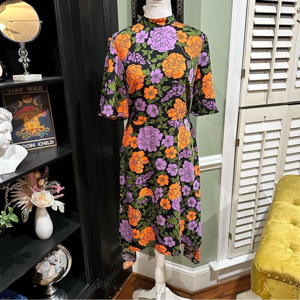 Warehouse Mica Carnation Open‑Back Floral Midi Dress – Retro Orange & Purple